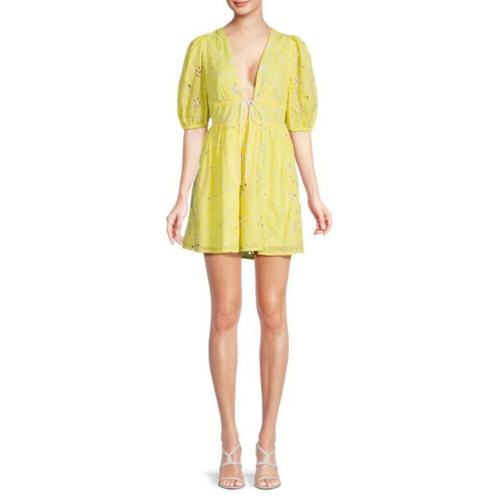 Avec Les Filles Eyelet Puff-sleeve Mini Dress Women's 14 Yellow Cotton Boho NWT